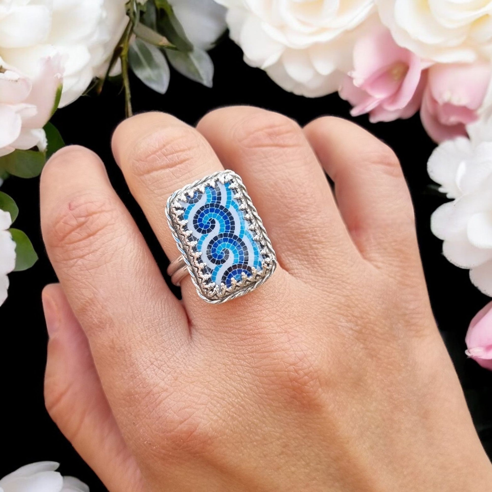 Rectangular Blue Mosaic Chunky Ring