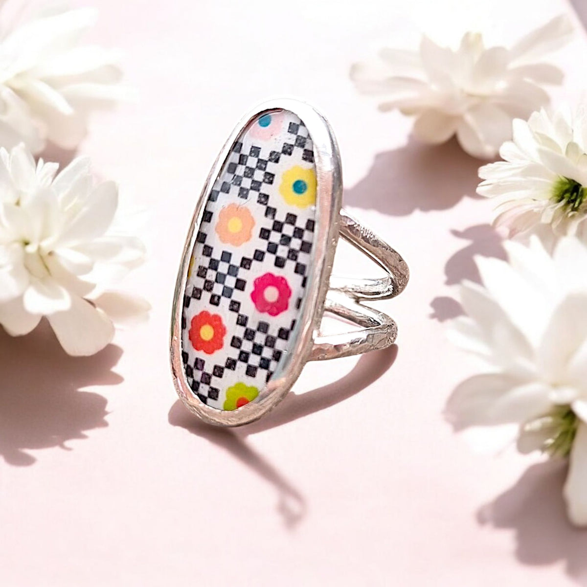 Statement Colourful Flower Black and White Check Retro Ring