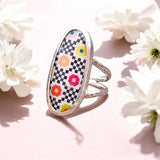 Statement Colourful Flower Black and White Check Retro Ring