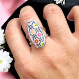 Statement Colourful Flower Black and White Check Retro Ring