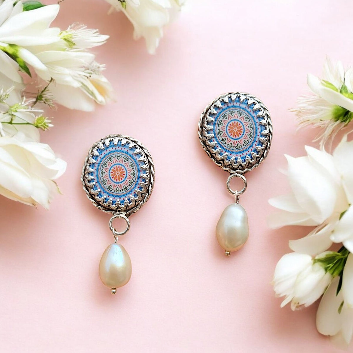 Statement Mosaic and Freshwater Pearl Earrings