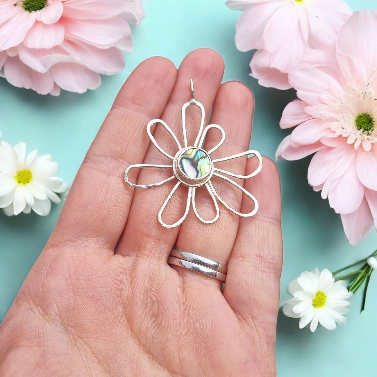Large Flower and Abalone Shell Pendant Necklace