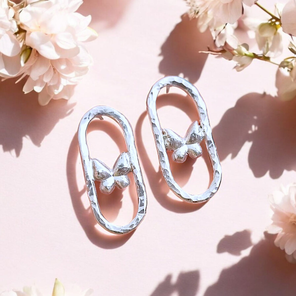 Oval Butterfly Hammered Earrings