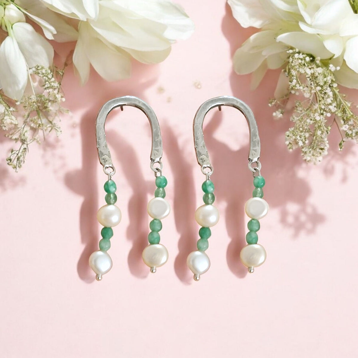 Hammered Arch Dangle Fresh Water Pearl and Jade Beads Earrings