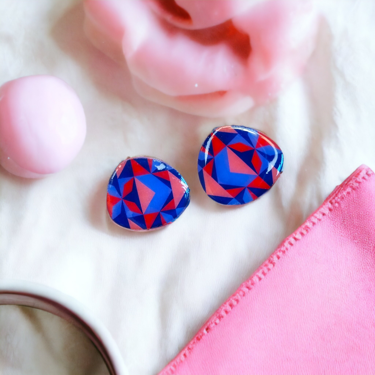 Abstract Red, Coral and Blue Statement Organic Stud Earrings