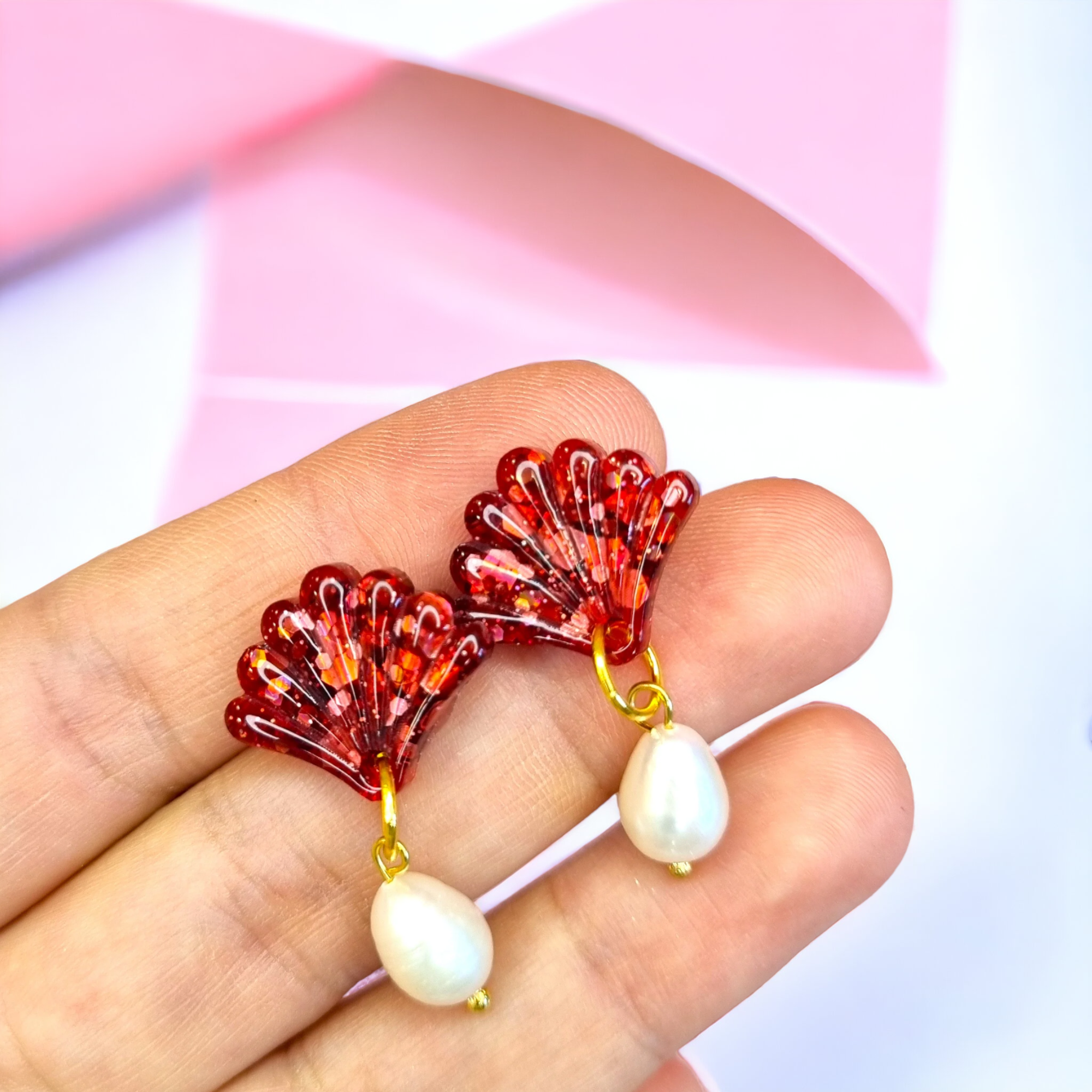 Art Deco and Freshwater Pearl Dainty Red Glitter Earrings