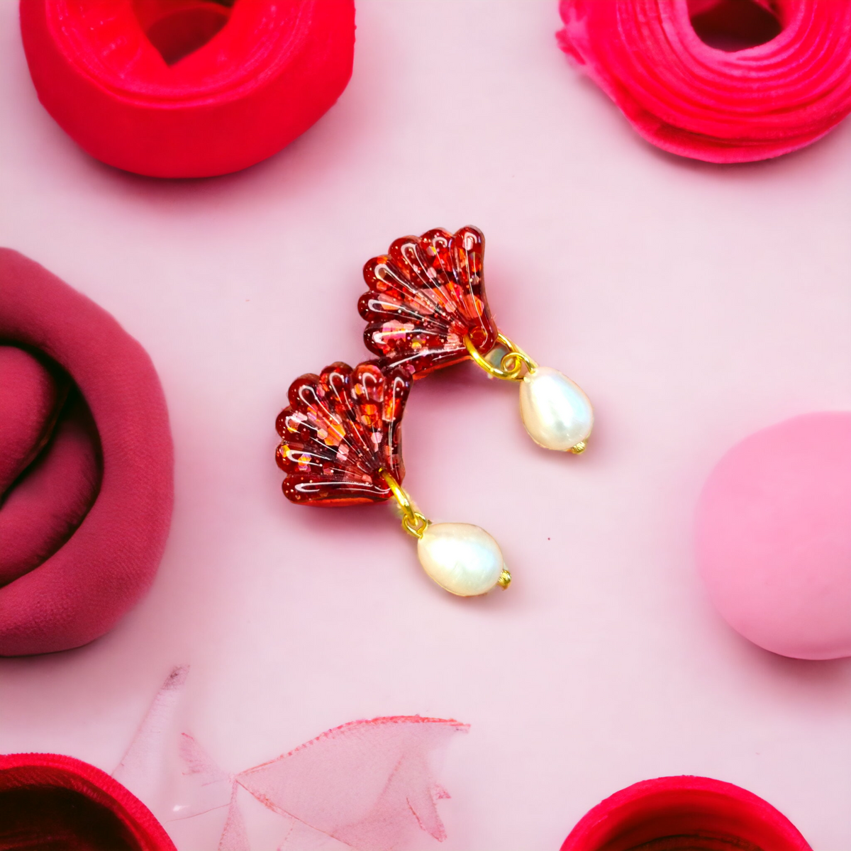 Art Deco and Freshwater Pearl Dainty Red Glitter Earrings