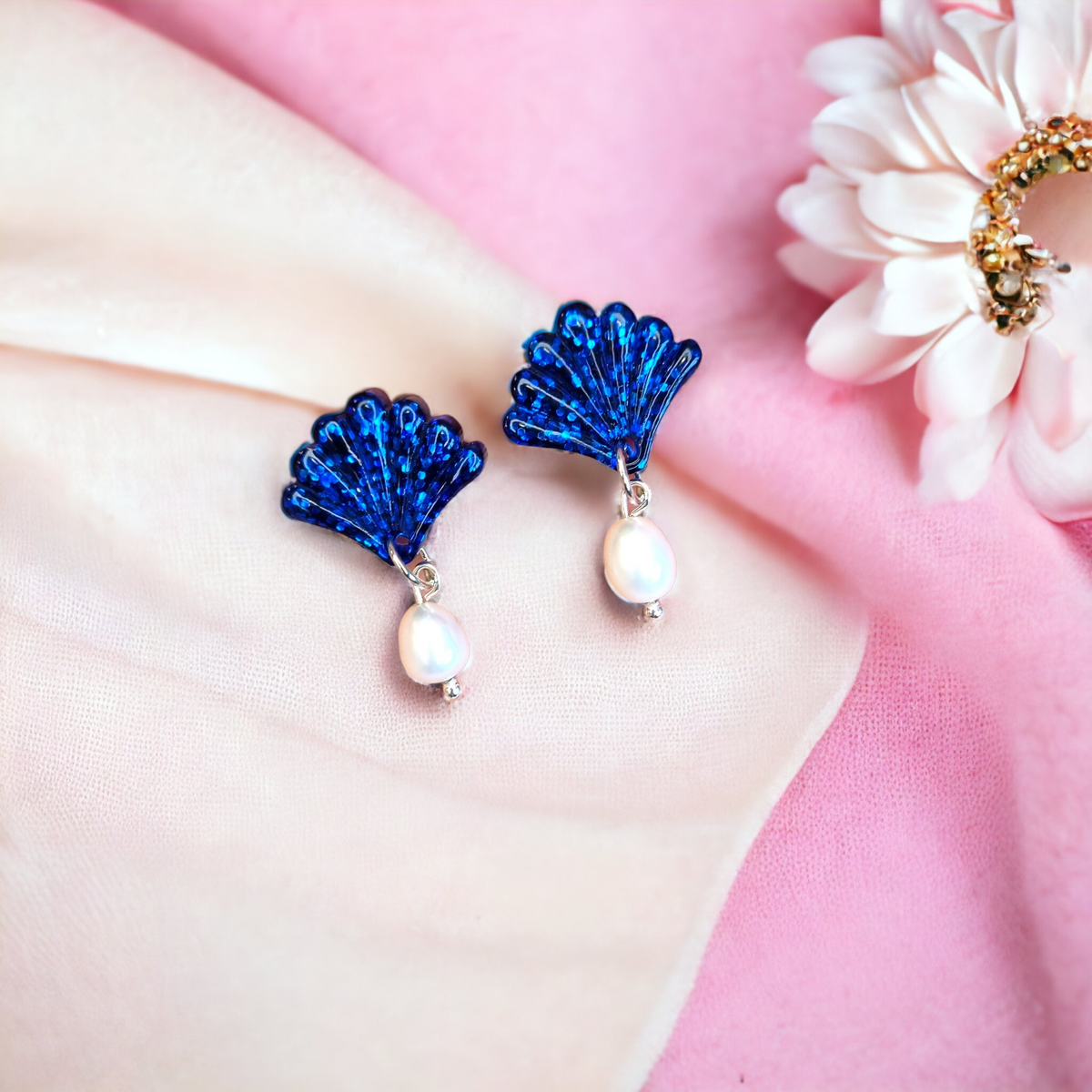 Art Deco and Freshwater Pearl Dainty Blue Glitter Earrings