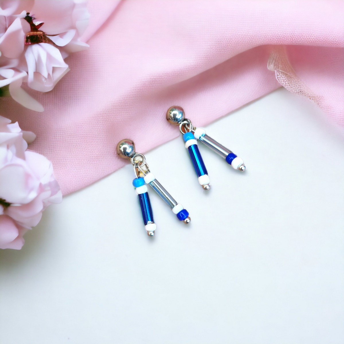 Blue, White and Silver Tiny Summer Dangle Earrings