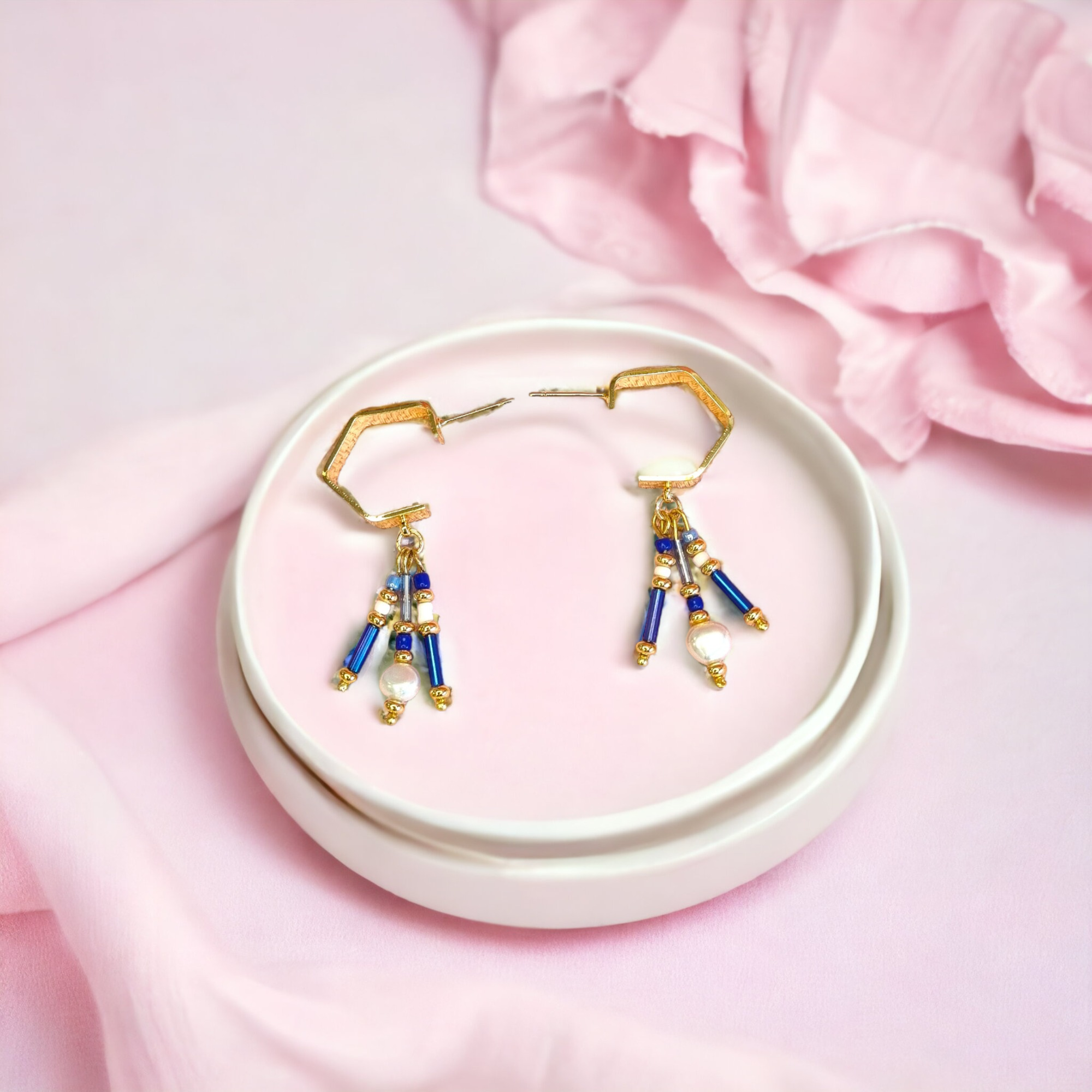 Gold Hexagon Hoop With Blue Beads and Freshwater Pearls Earrings