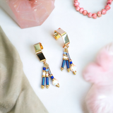 Gold Hexagon Hoop With Blue Beads and Freshwater Pearls Earrings