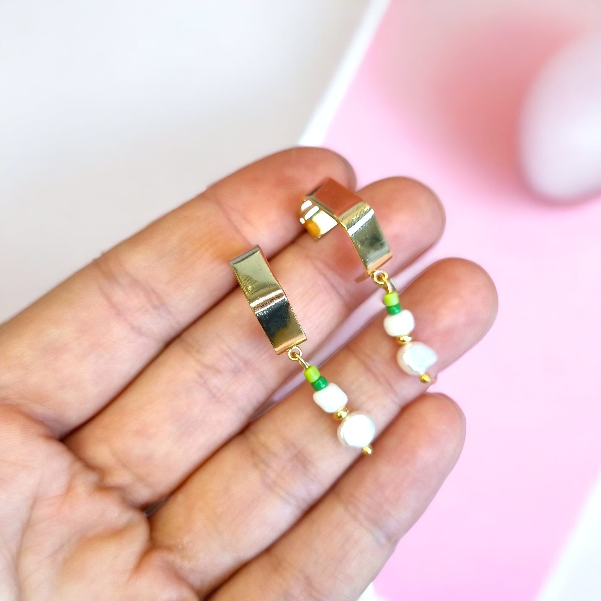 Gold Hexagon Hoop With Green Beads and Freshwater Pearls Earrings