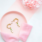 Gold Hexagon Hoop With Green Beads and Freshwater Pearls Earrings