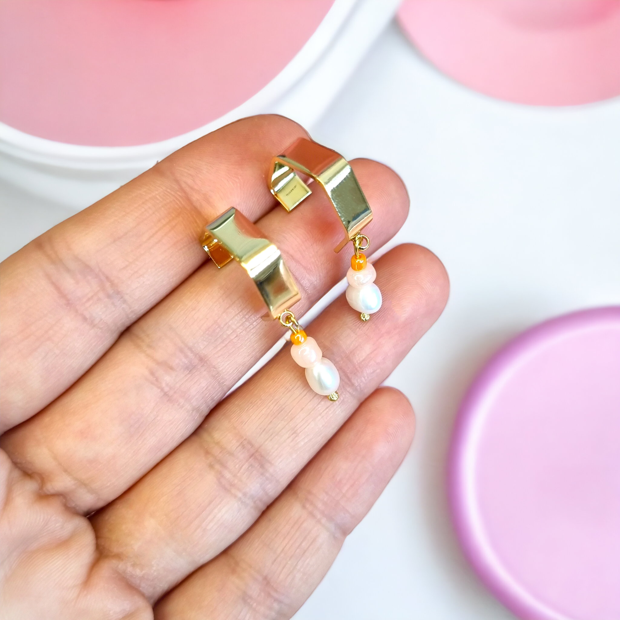 Gold Hexagon Hoop With Peachy Orange Beads and Freshwater Pearls Earrings