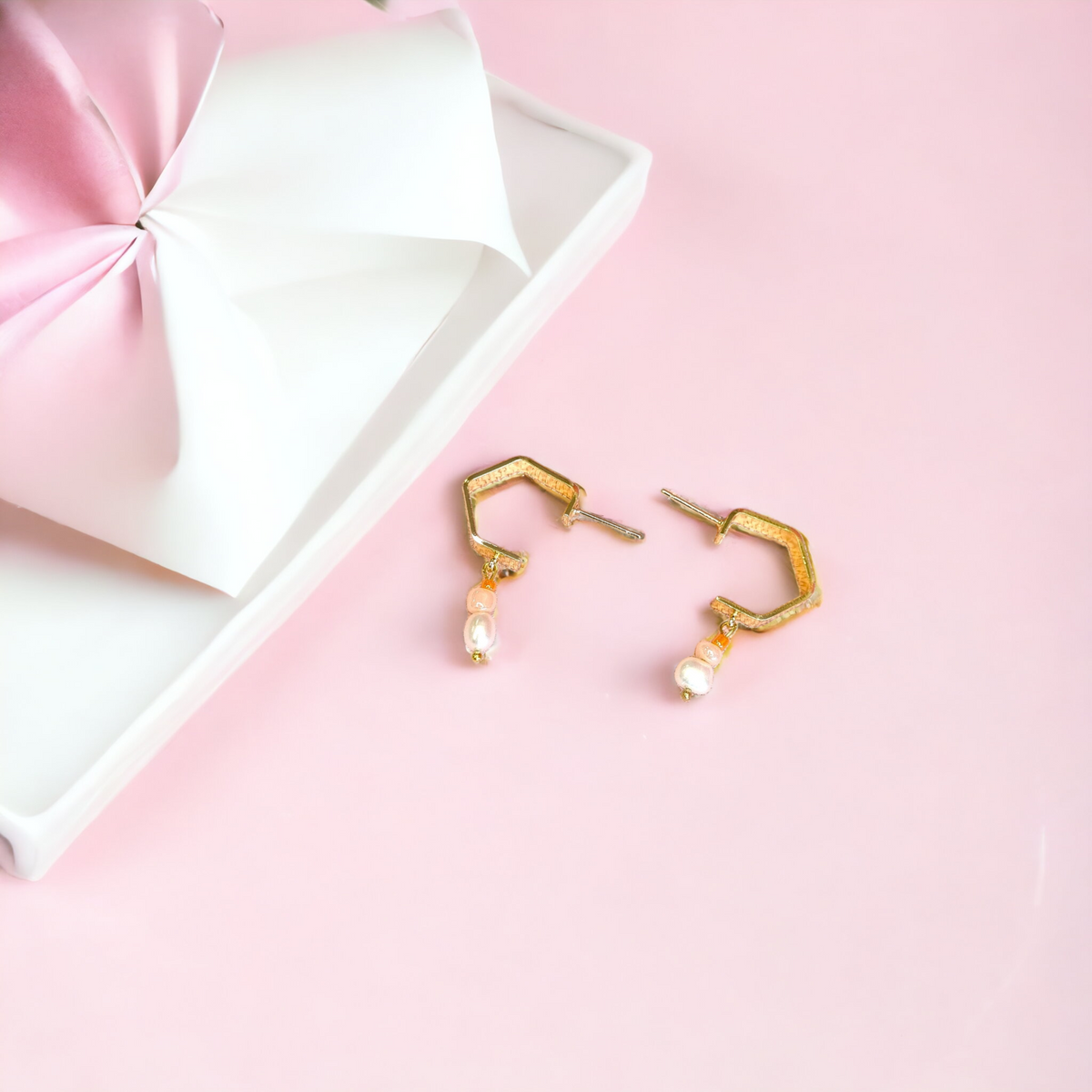 Gold Hexagon Hoop With Peachy Orange Beads and Freshwater Pearls Earrings