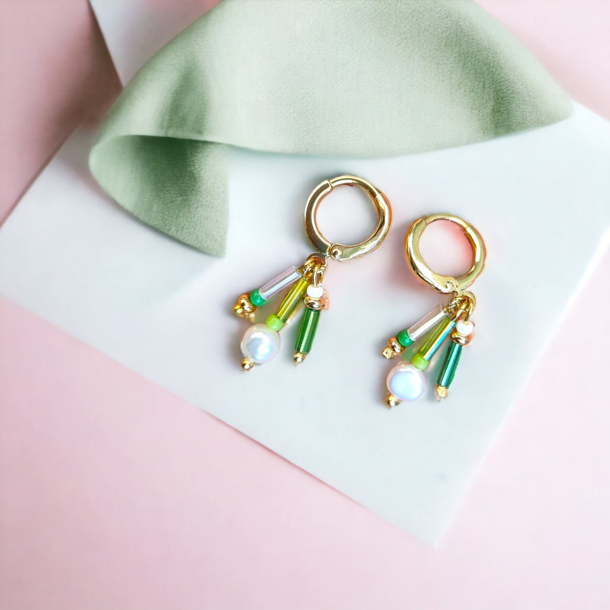 Gold, Green, Freshwater Pearl Huggie Hoop Earrings