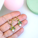 Gold, Green, Freshwater Pearl Huggie Hoop Earrings