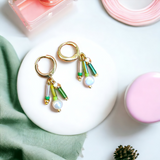 Gold, Green, Freshwater Pearl Huggie Hoop Earrings