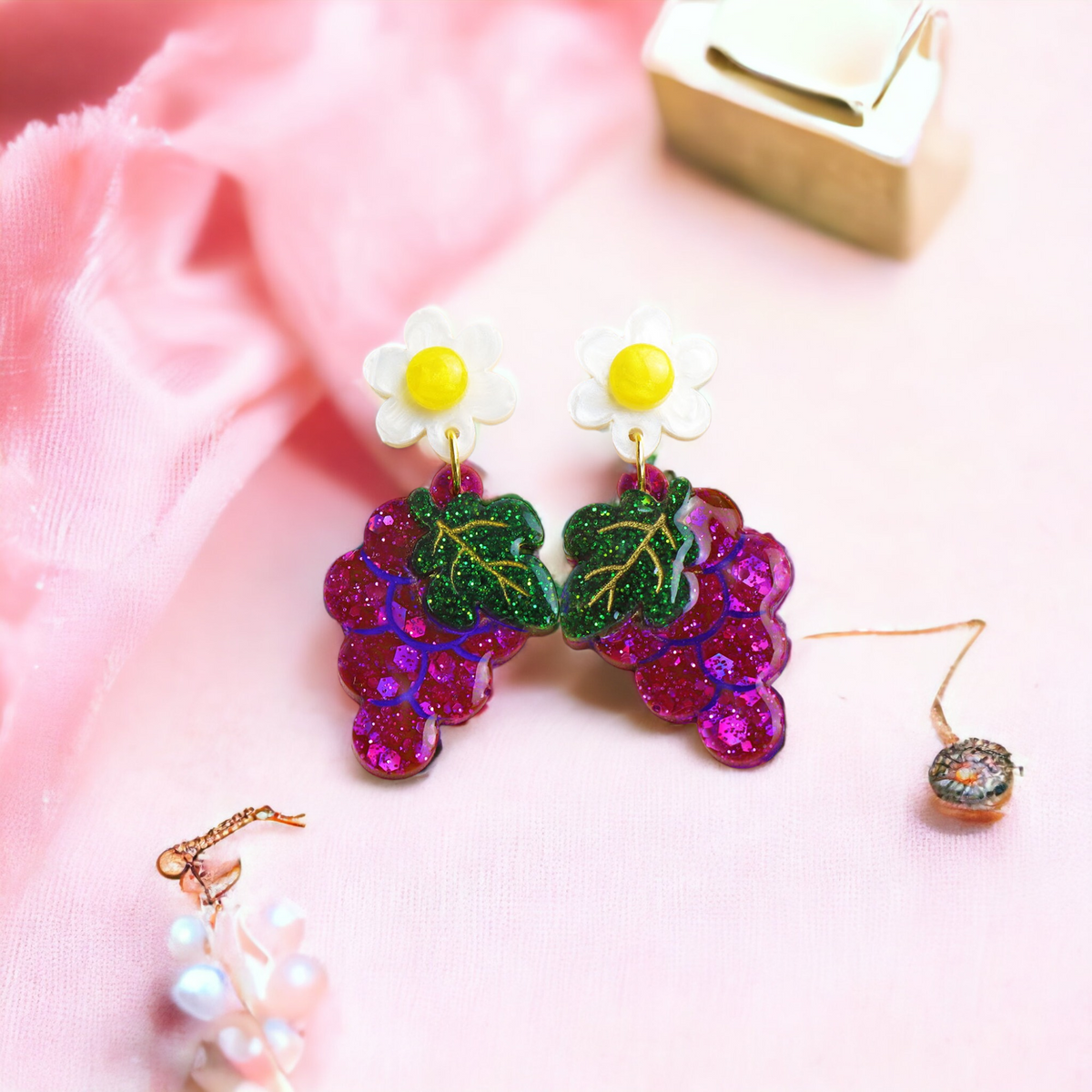 Grape and Daisy Flower Dangle Earrings