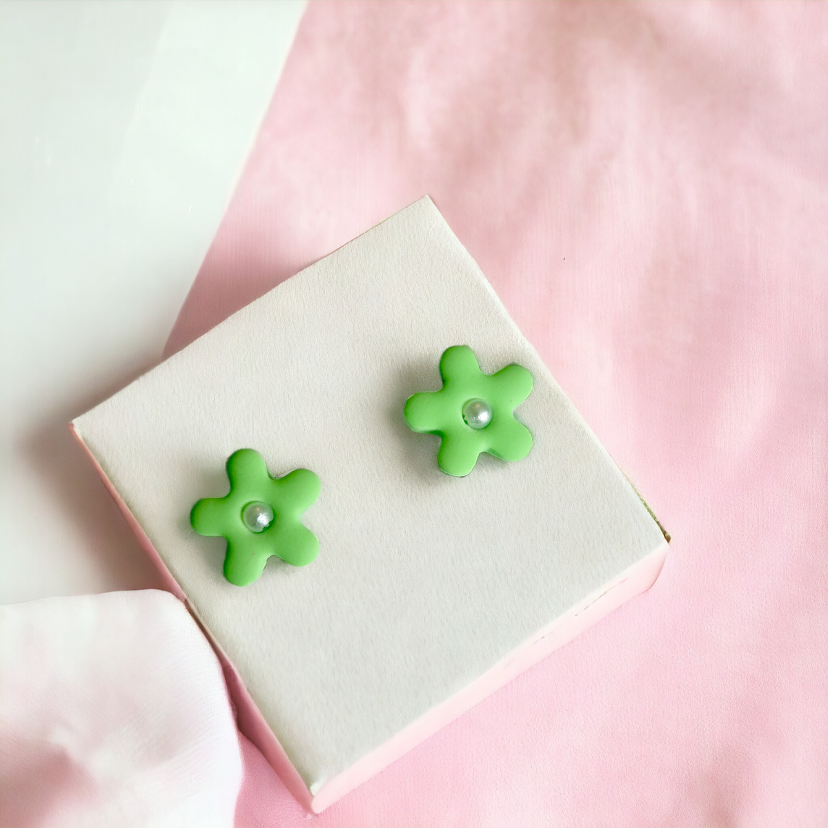 Tiny Green and Pearl Flower Earrings