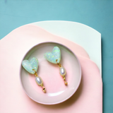 Heart Faux Opal and Pearl Dangle Earrings