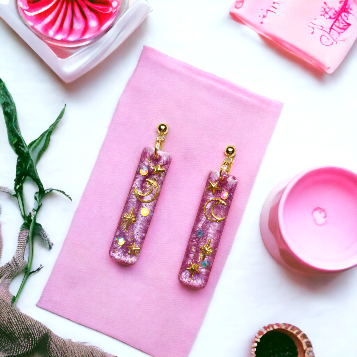Celestial Rectangle Purple Dangle Earrings