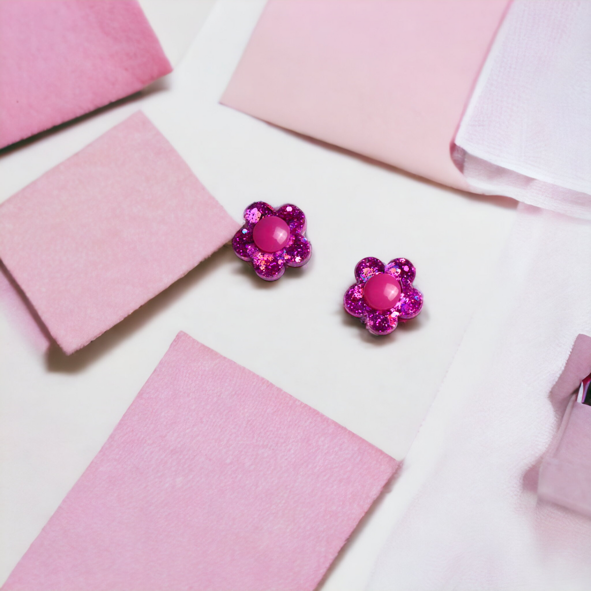 Small Pink Flower Glitter Stud Earrings