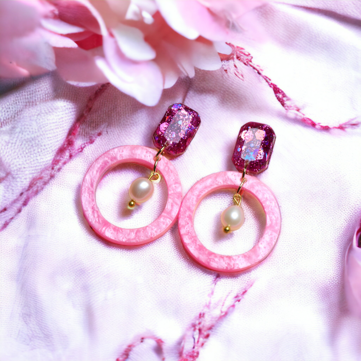 Large Pink Gem and Circle Freshwater Pearl Earrings