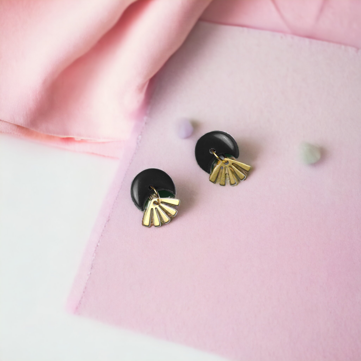 Tiny Black Crescent Moon with Brass Fan Charm Earrings