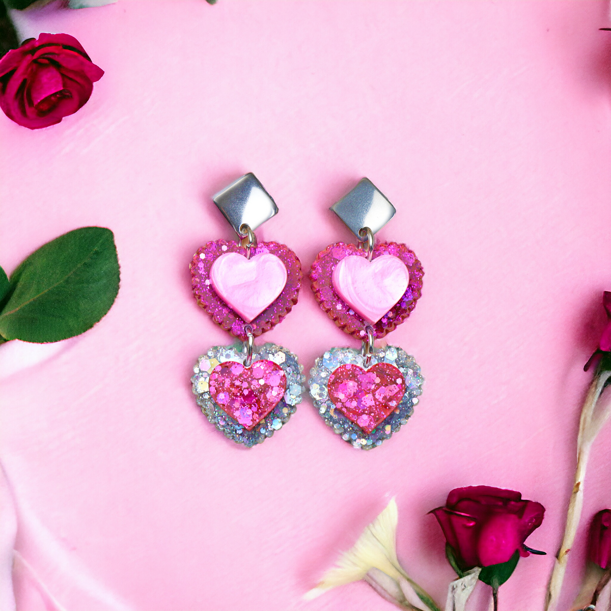 Duo Layered Heart Dangle Earrings