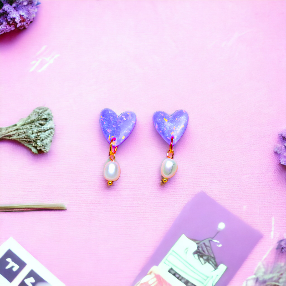 Heart Faux Purple Opal and Pearl Dangle Earrings