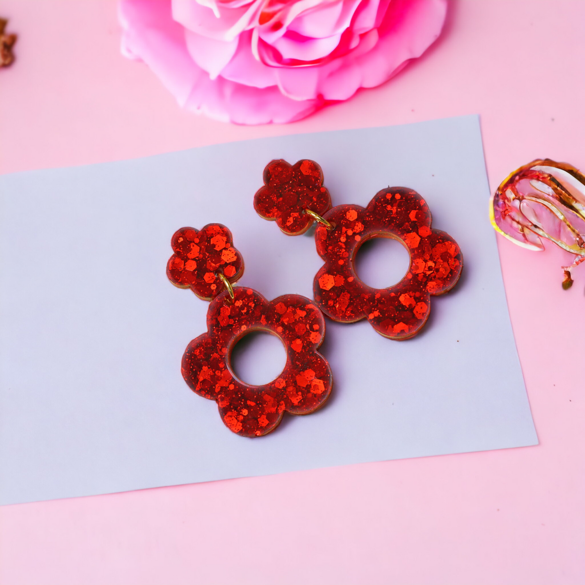 Red Duo Flower Glitter Earrings