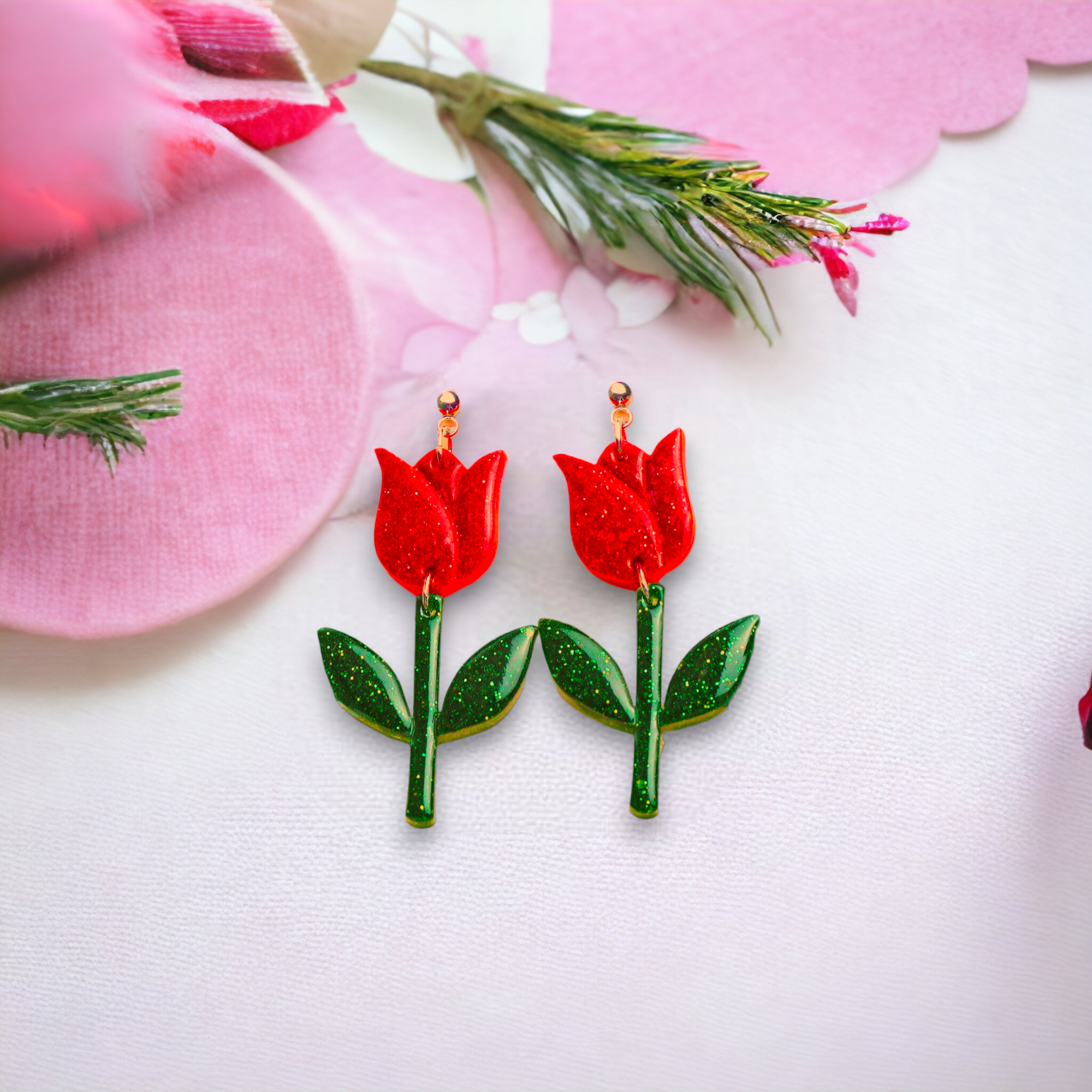 Deep red tulip/rose glitter earrings