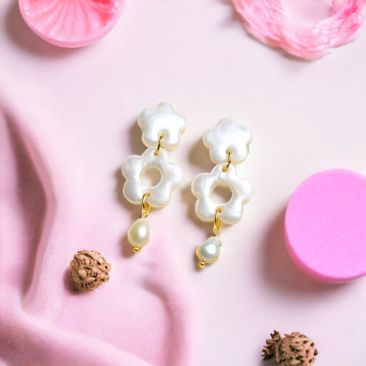 Duo Pearly White and Freshwater Pearl Dangle Earrings