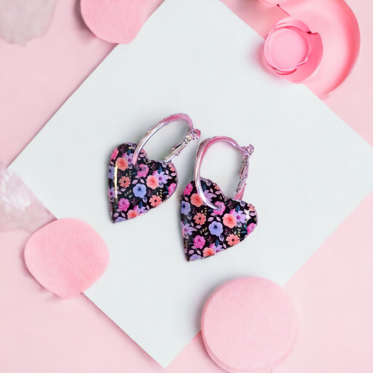 Large Black Floral Pattern Heart Earrings