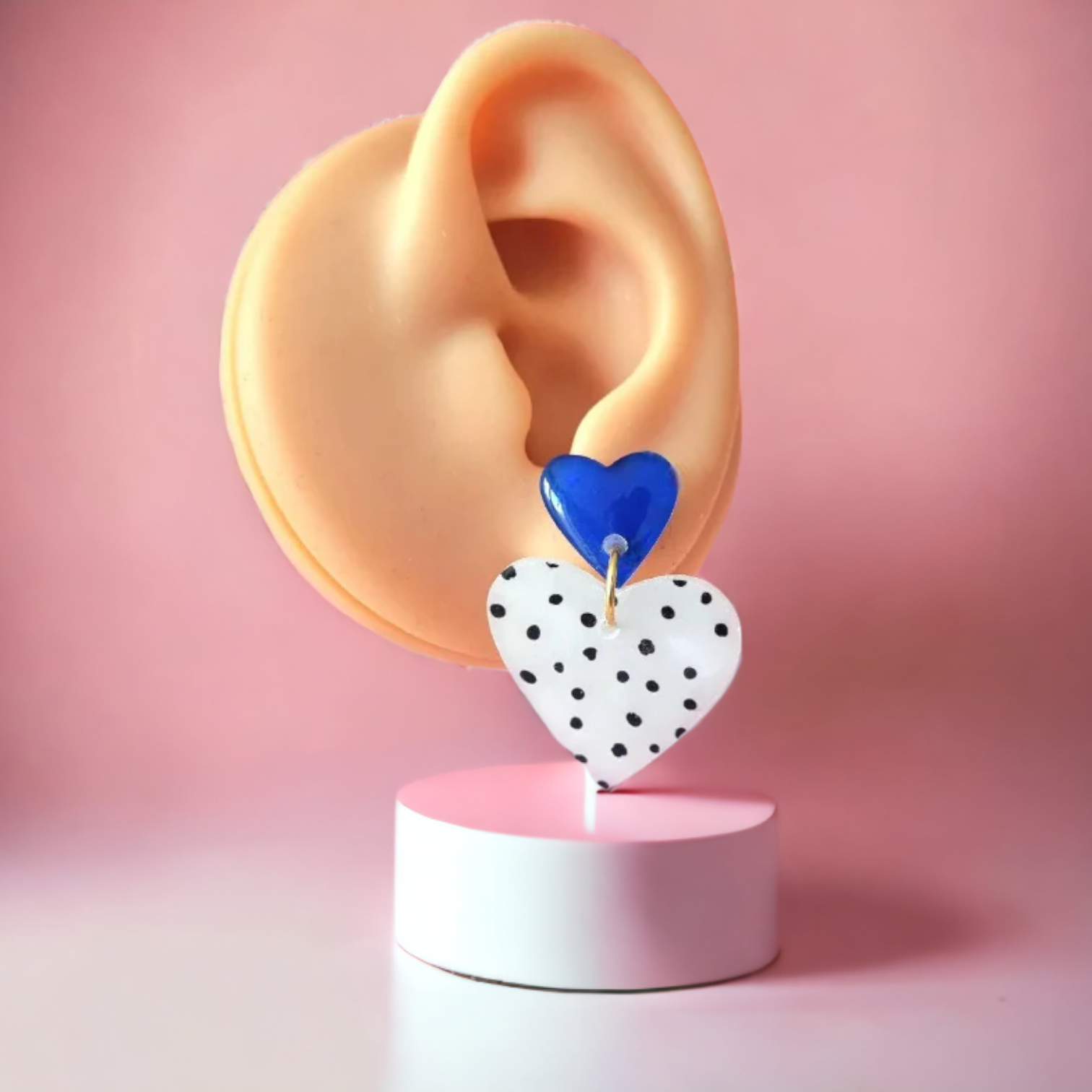 Large Blue Polkadot Duo Heart Dangle Earrings