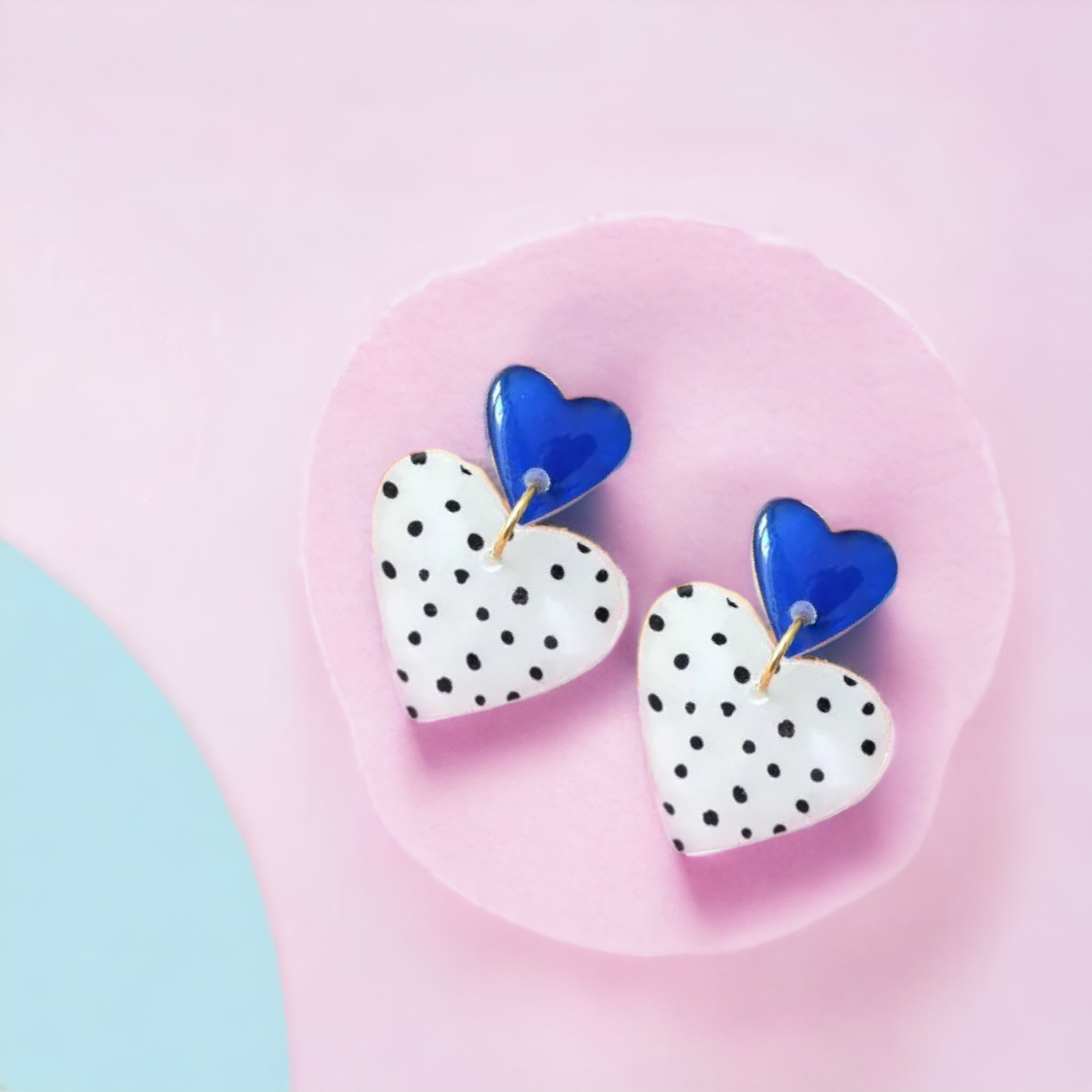 Large Blue Polkadot Duo Heart Dangle Earrings
