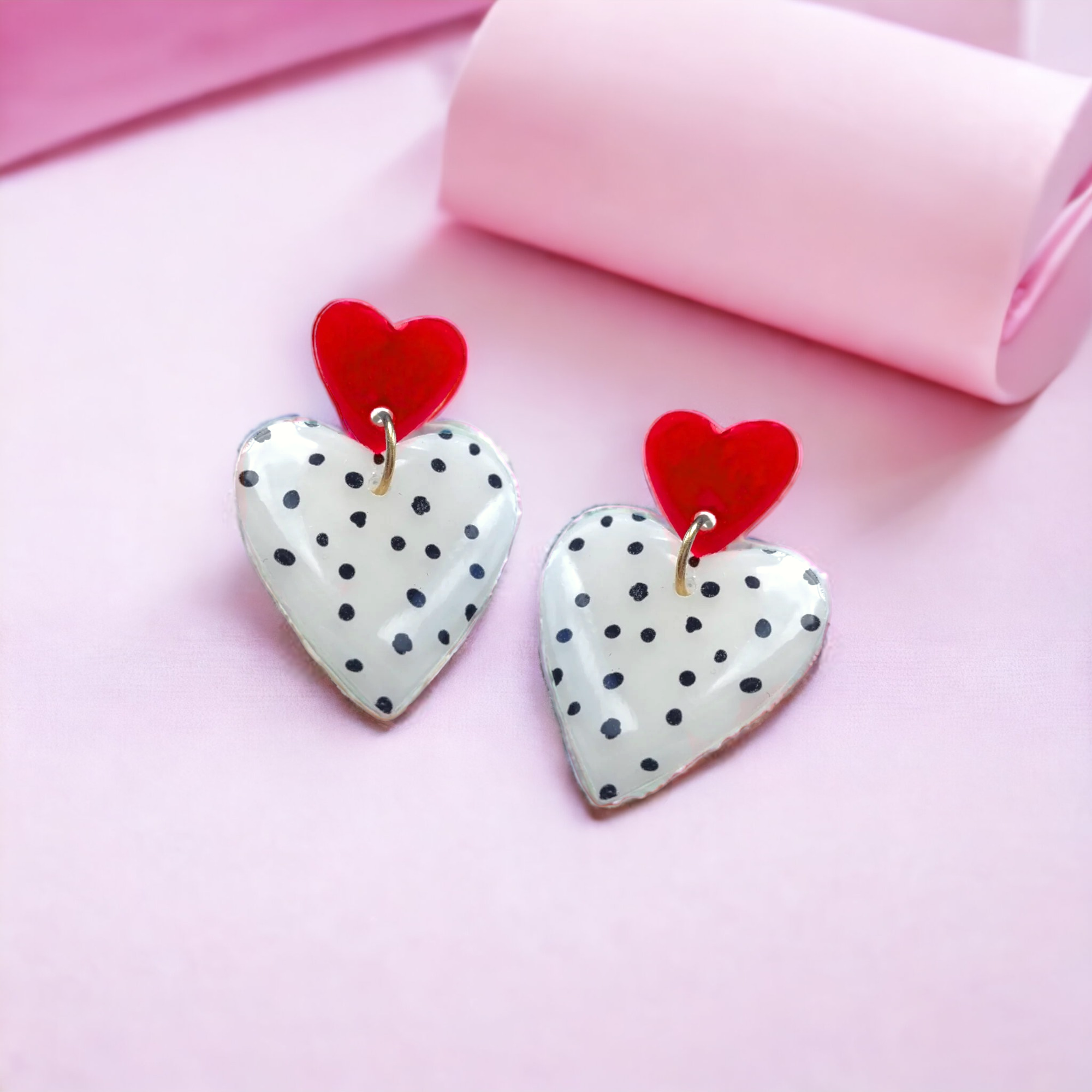 Large Red Polkadot Duo Heart Dangle Earrings