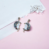 Mini Silver Moon and White Cat Dangle Earrings
