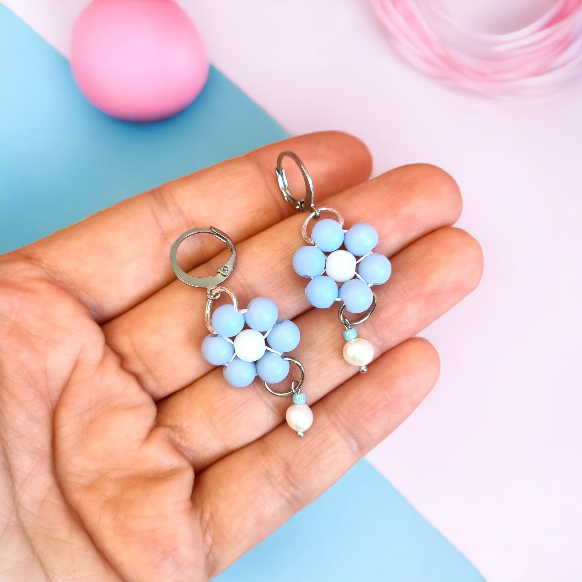 Pastel Blue Flower and Freshwater Bead Huggie Hoop Earrings