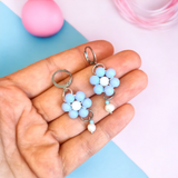 Pastel Blue Flower and Freshwater Bead Huggie Hoop Earrings