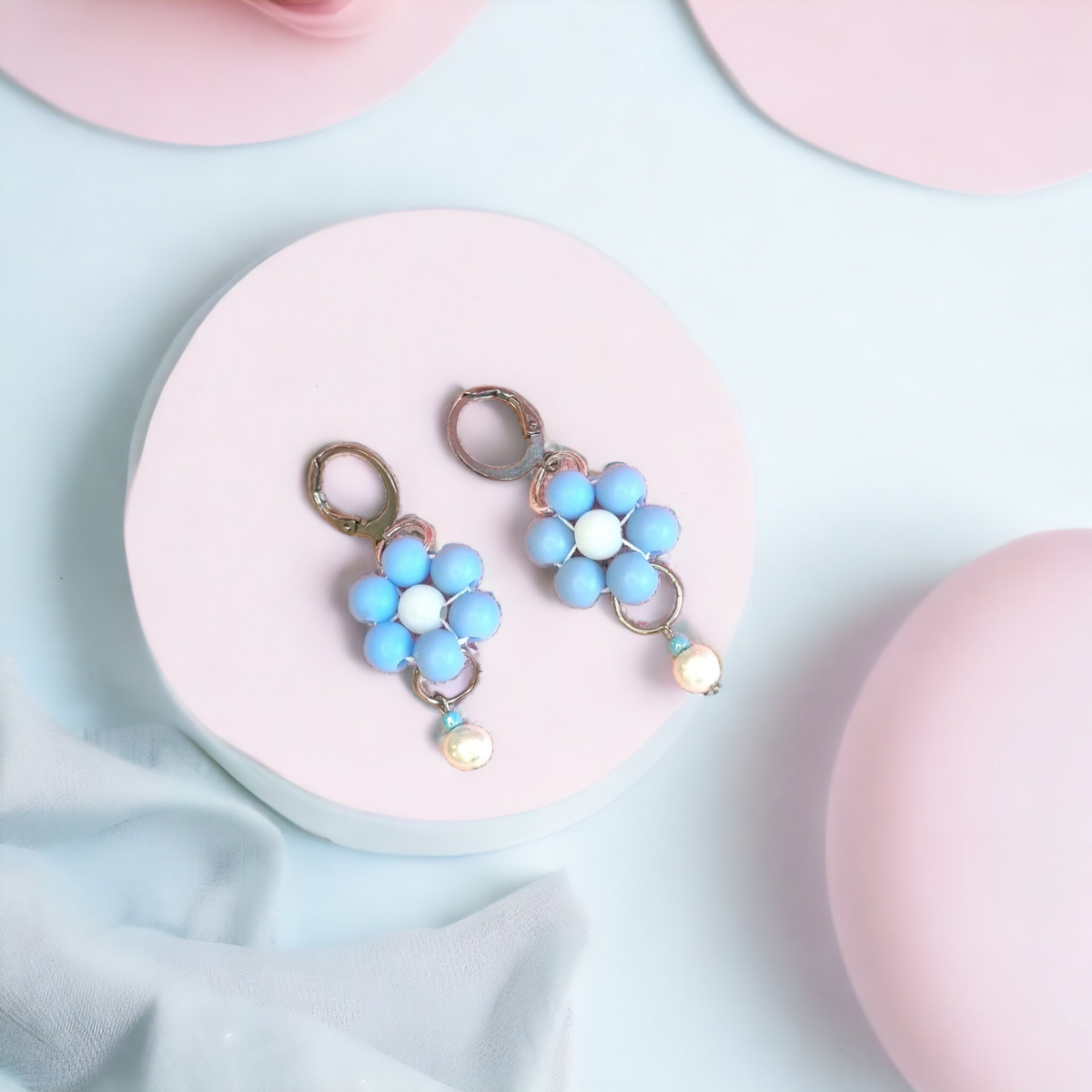 Pastel Blue Flower and Freshwater Bead Huggie Hoop Earrings