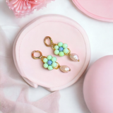 Pastel Green Flower and Freshwater Bead Huggie Hoop Earrings