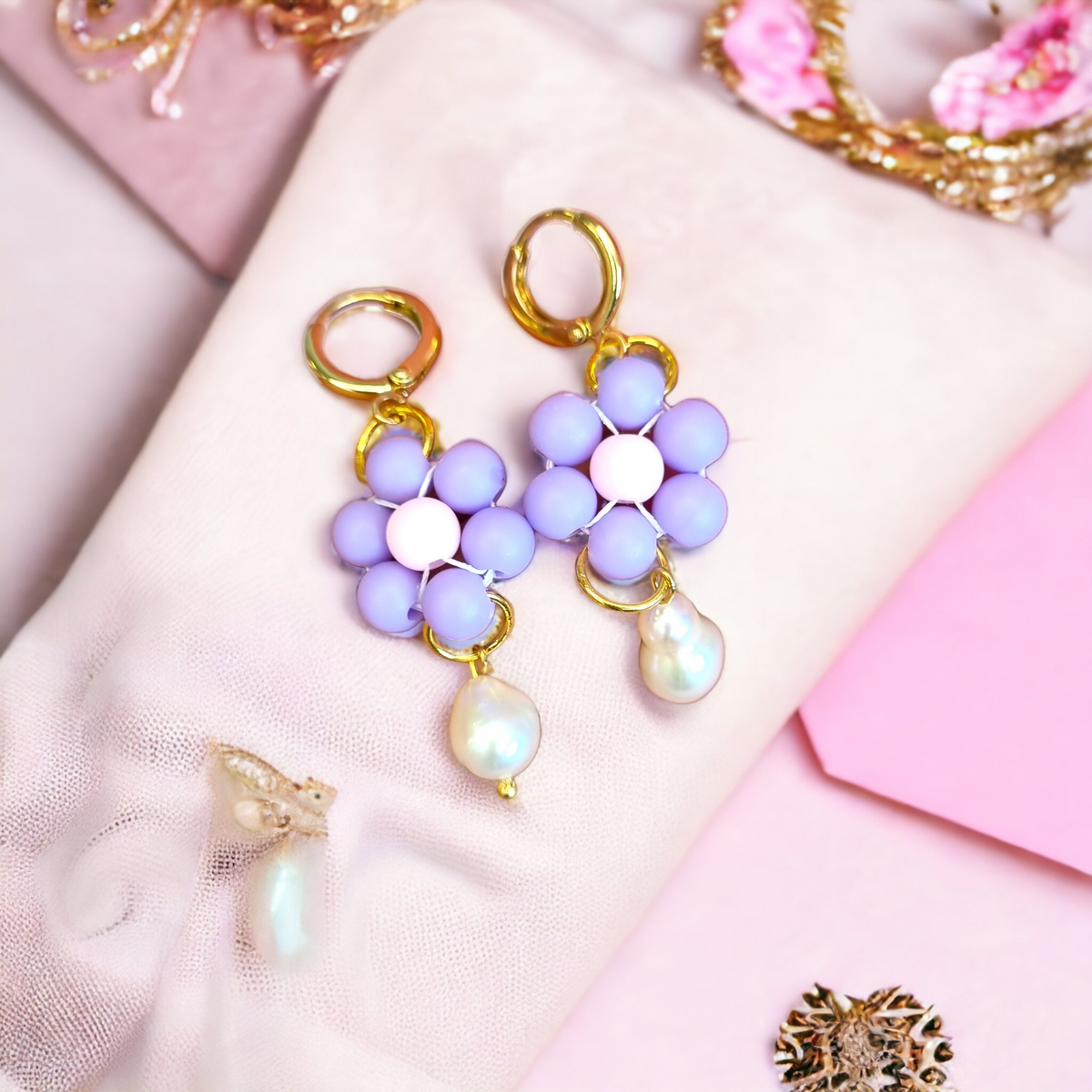 Pastel Purple Flower and Freshwater Bead Huggie Hoop Earrings