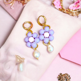 Pastel Purple Flower and Freshwater Bead Huggie Hoop Earrings