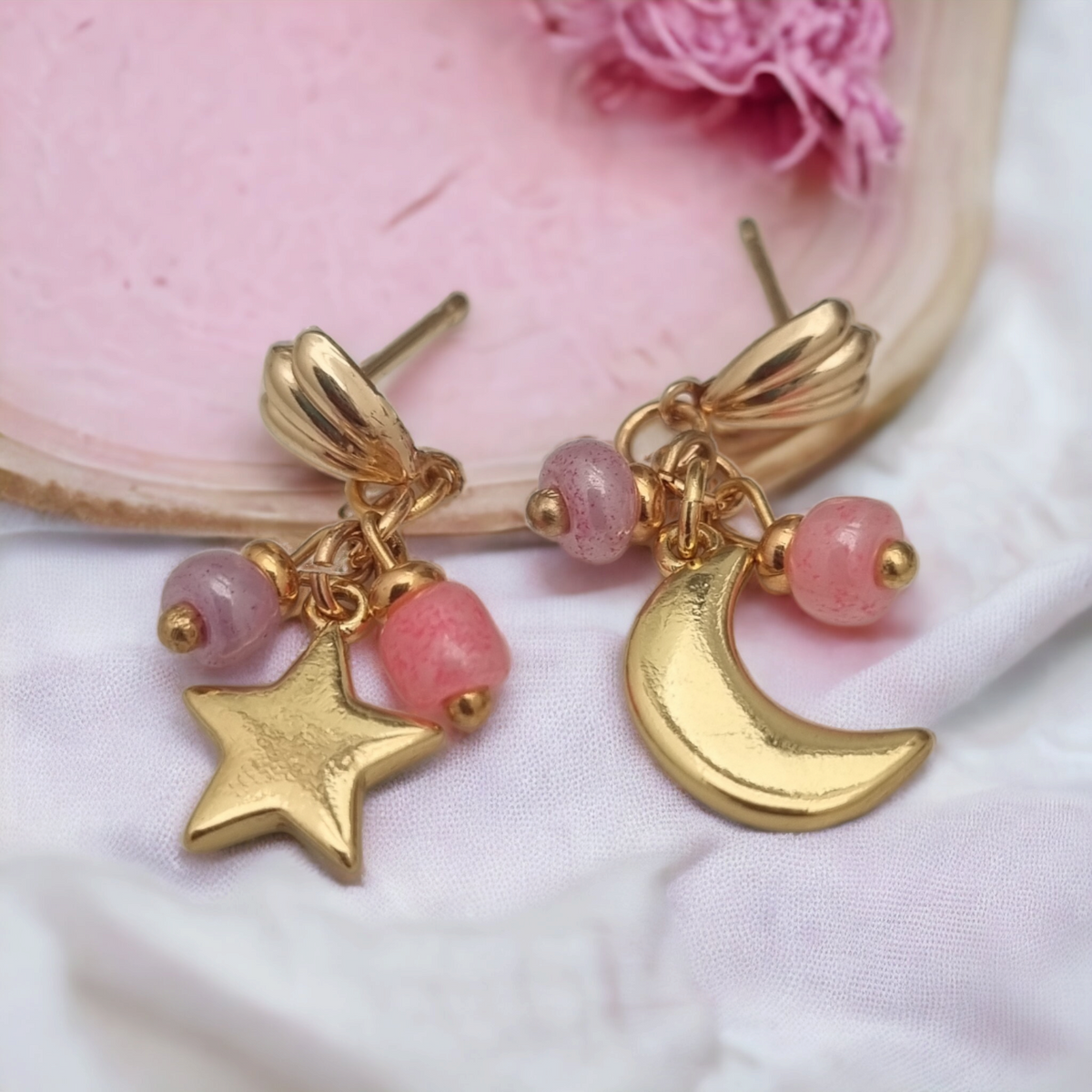 Tiny Gold Mermaid Studs with Crescent Moon and Star Earrings