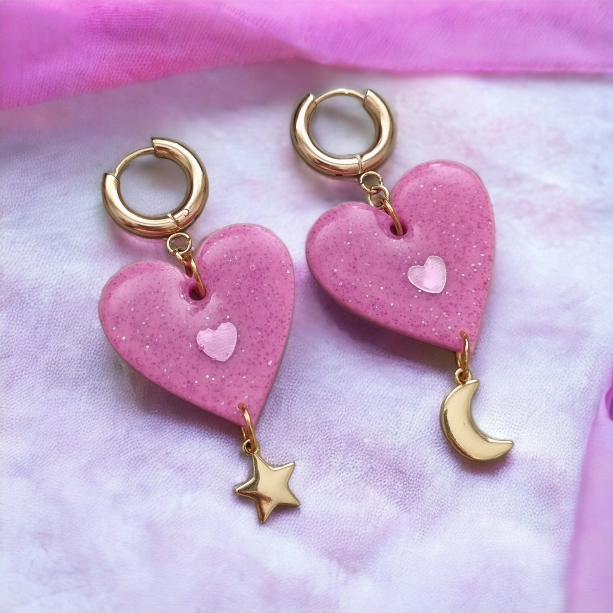 Chunky Pinky Purple Glitter Heart Celestial Moon and Star Hoop Earrings