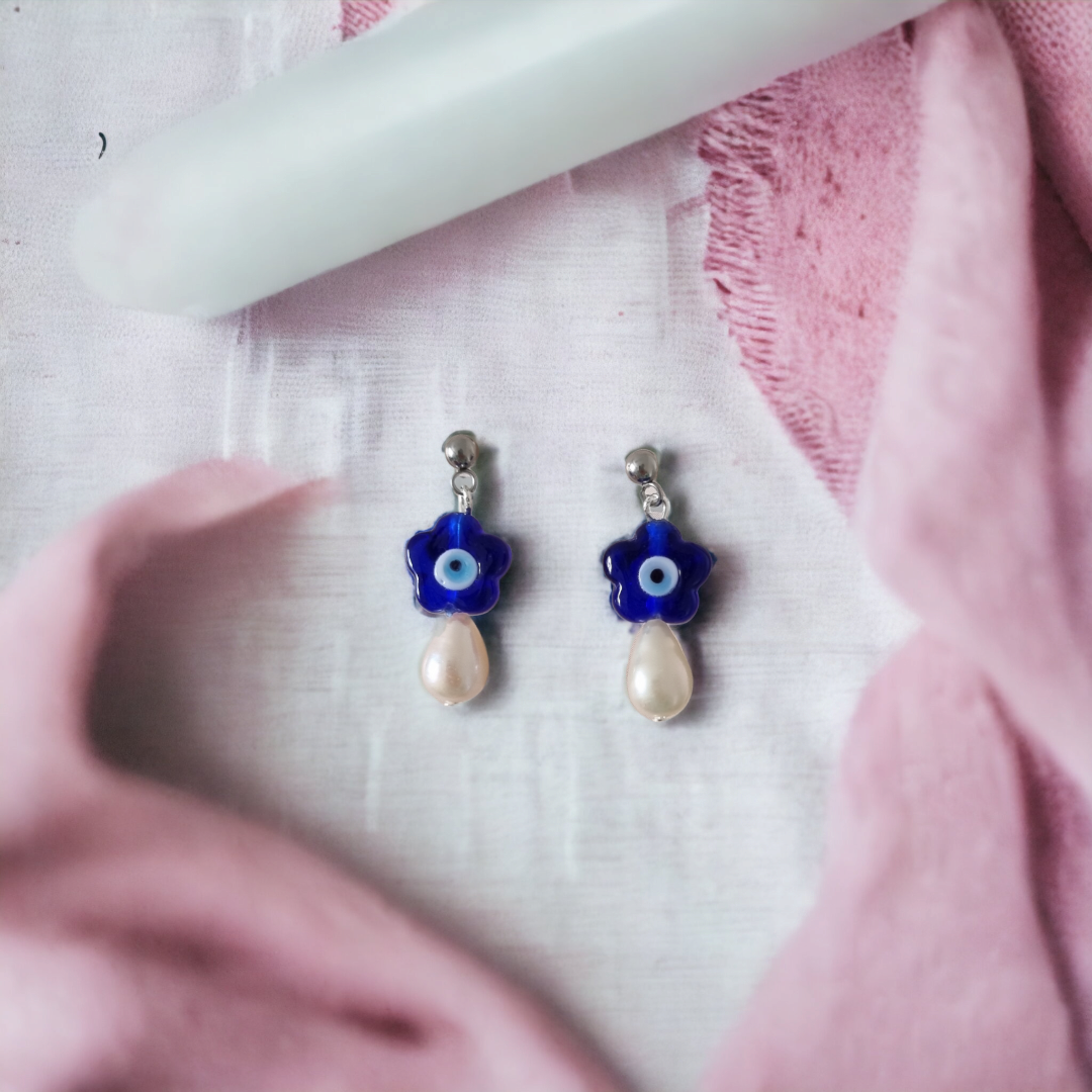 Dainty Evil Eye flower and Freshwater Pearl Earrings