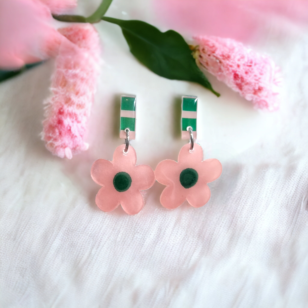 Pastel pink and emerald green flower dangle Earrings