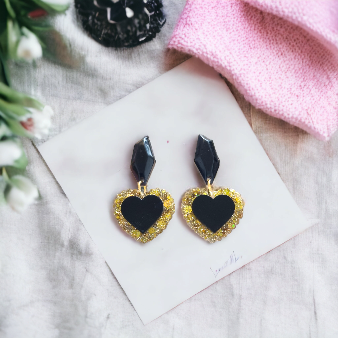 Fancy Black and Gold Glitter Heart Jewel Dangle Earrings